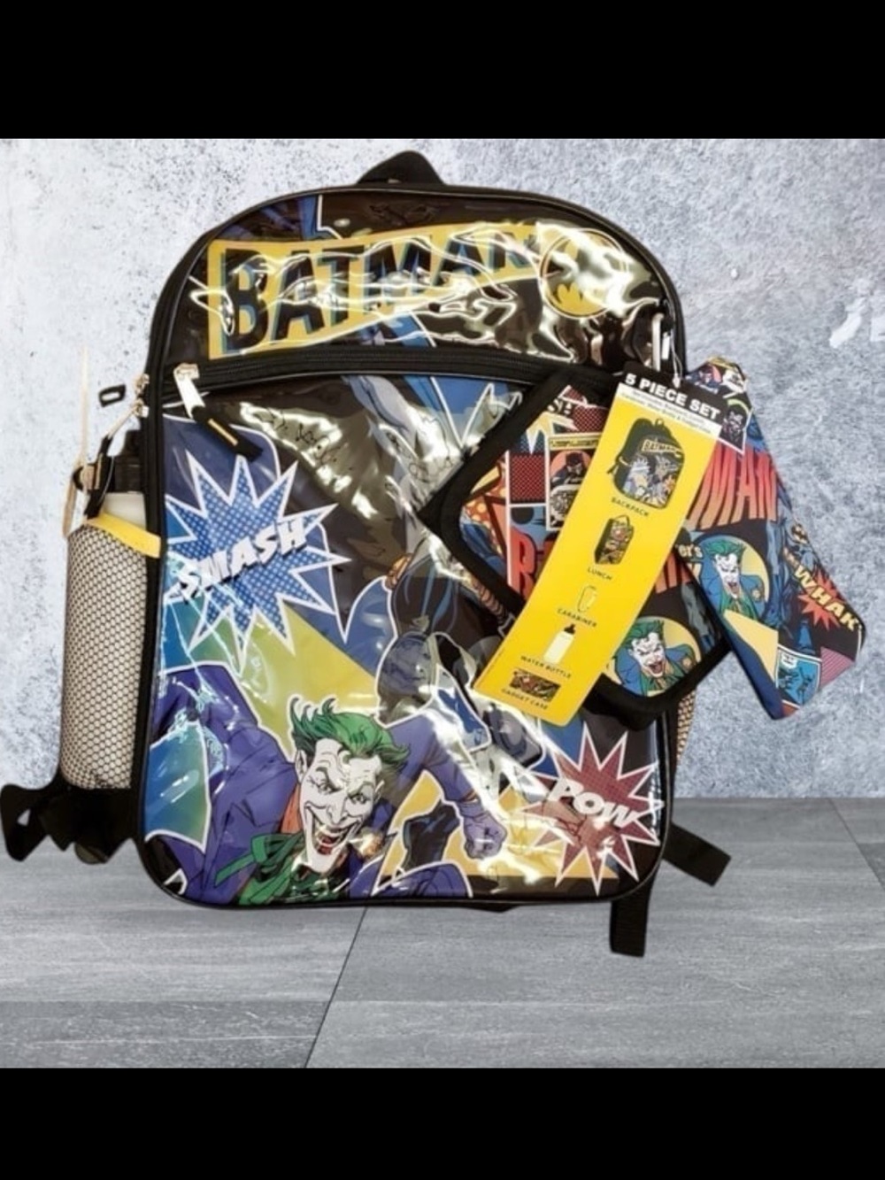Batman and Friends 5 Piece Backpack Set NWT water bottle lunch bag gadget case